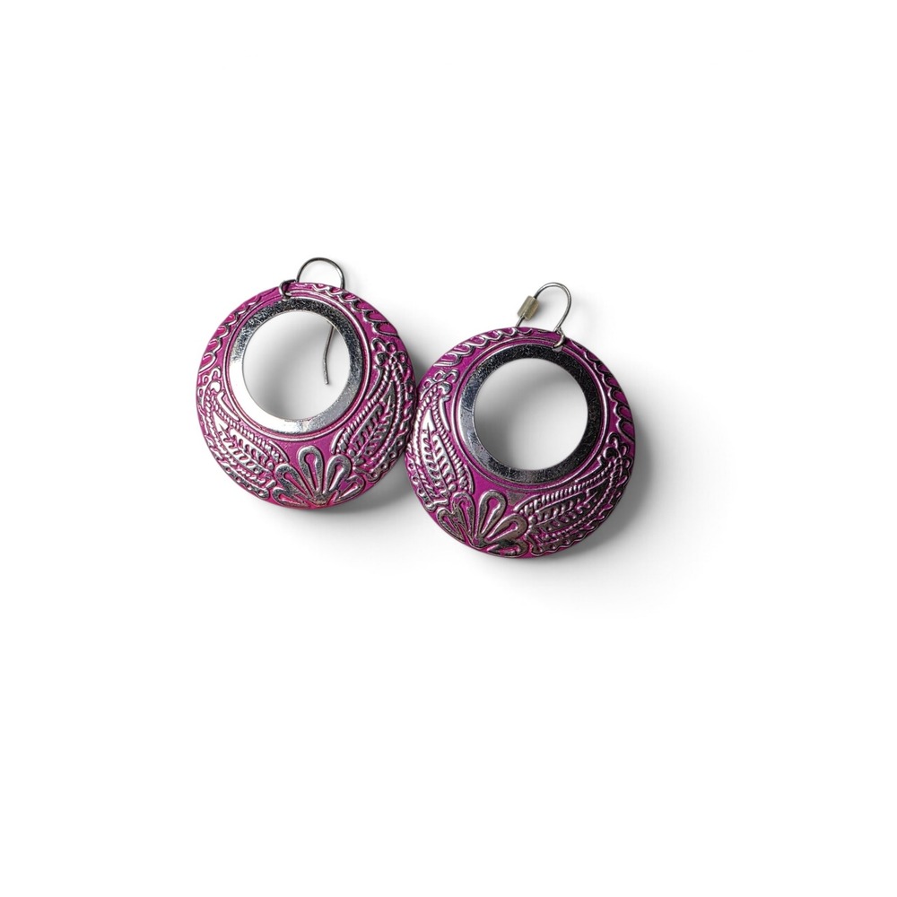 Boho Chic Pink Hoop Earrings Bohemian Indie Embossed Floral Drop Earring western